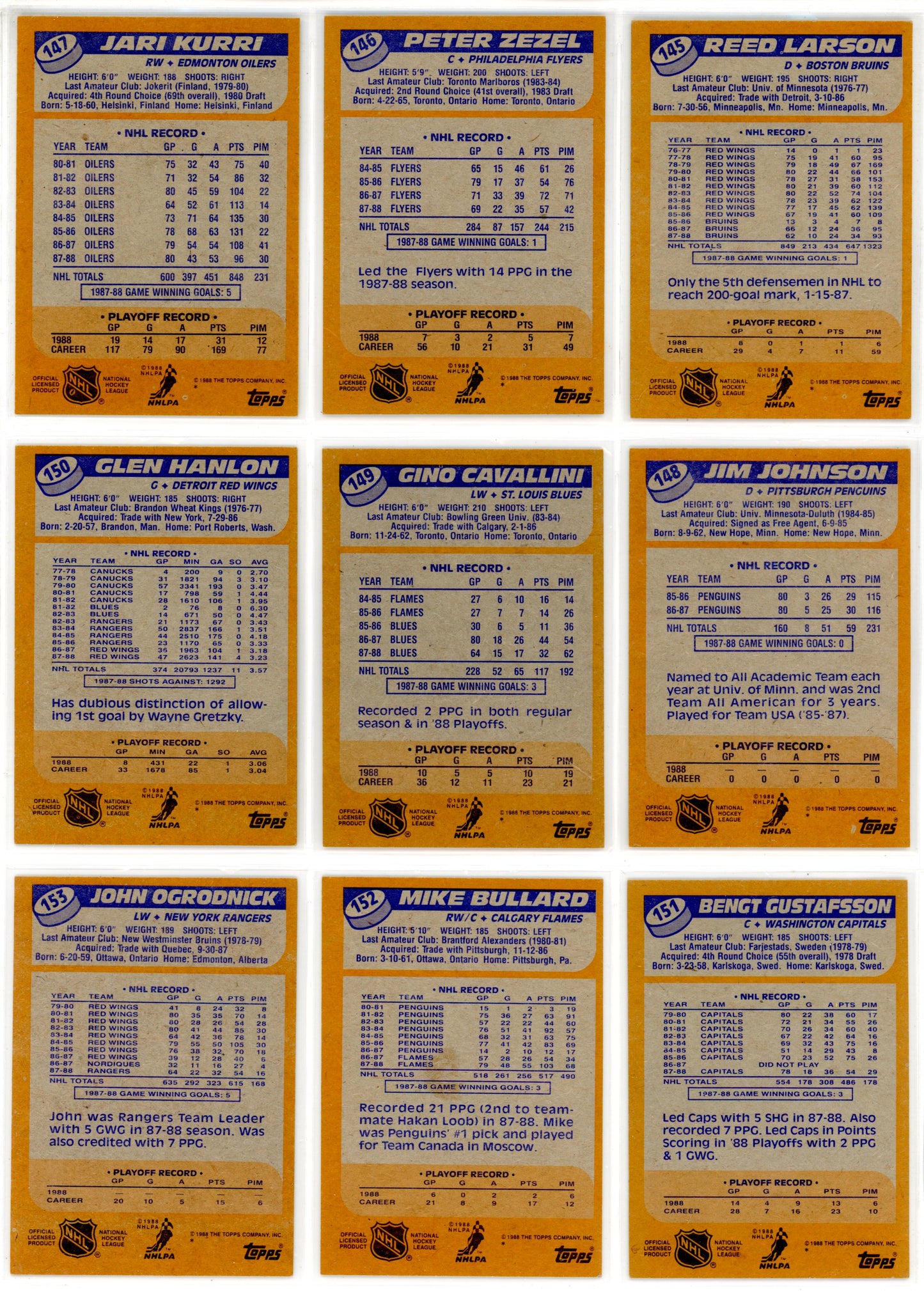 1988/89 Topps NHL Hockey Complete Set (198 Cards) Brett Hull Rookie