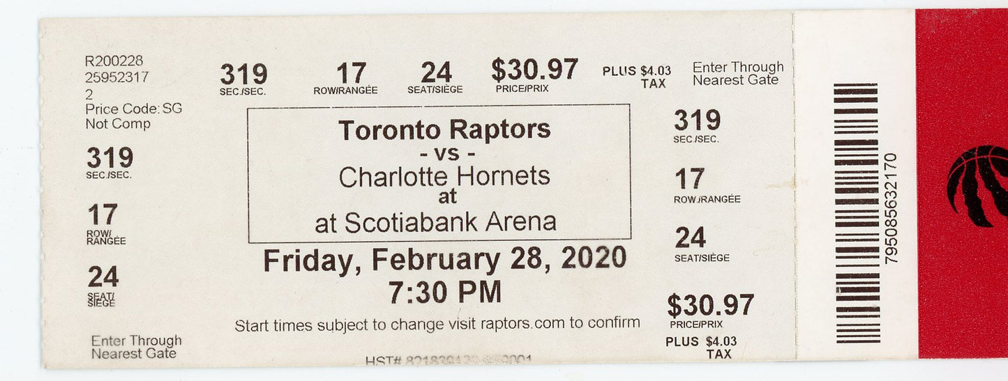Toronto Raptors vs. Charlotte Hornets Ticket Stub Scotiabank Arena (Toronto, 2020)