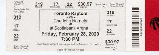 Toronto Raptors vs. Charlotte Hornets Ticket Scotiabank Arena (Toronto, 2020)