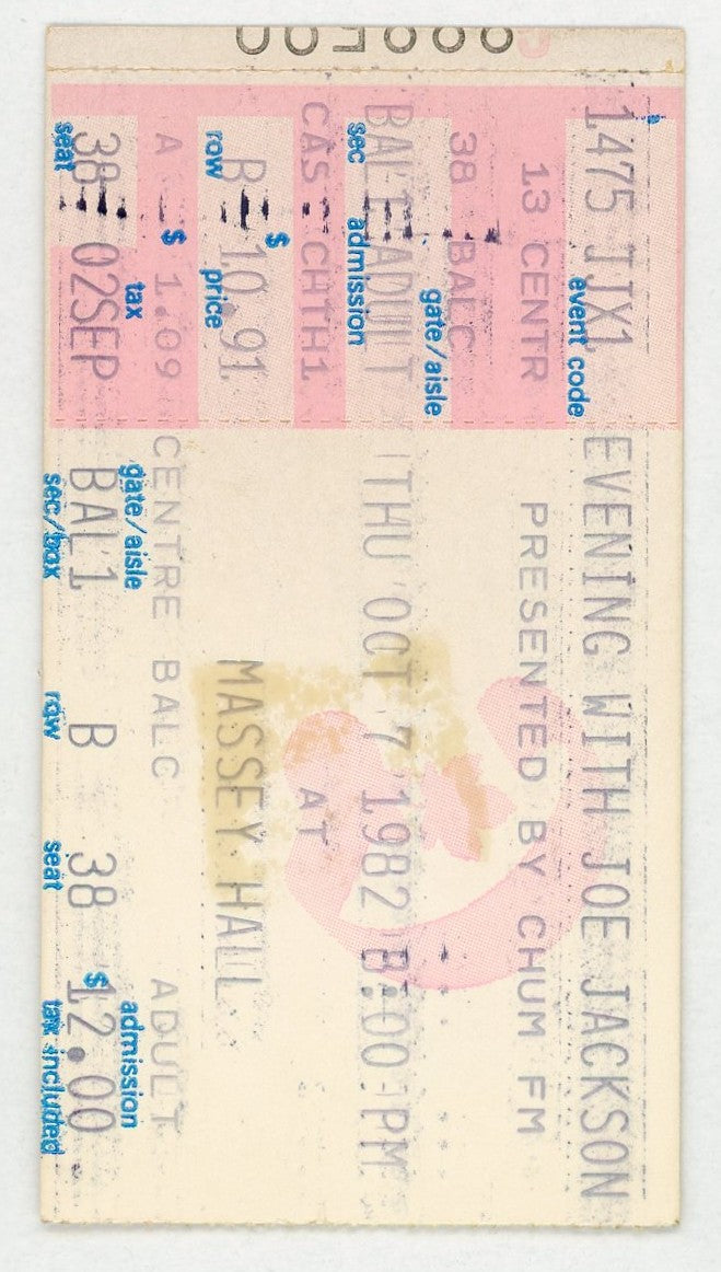 Evening with Joe Jackson Vintage Concert Ticket Massey Hall (Toronto, 1982)