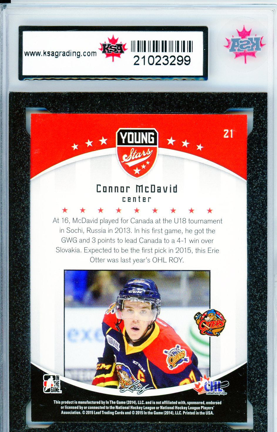 2015 In The Game CHL Draft Connor McDavid #21 Graded Rookie Card KSA 9.5