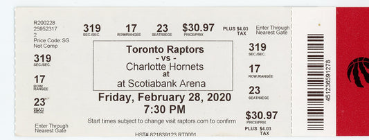 Toronto Raptors vs. Charlotte Hornets at Scotiabank Arena Ticket Stub (Toronto, 2020)