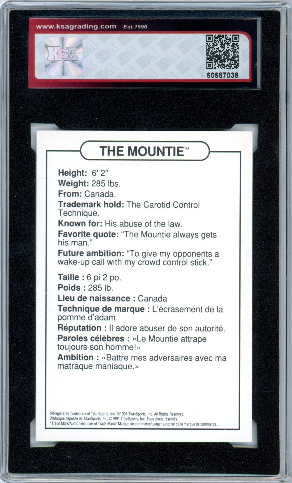1991 Swanson WWF The Mountie Graded Wrestling Card KSA 7.5