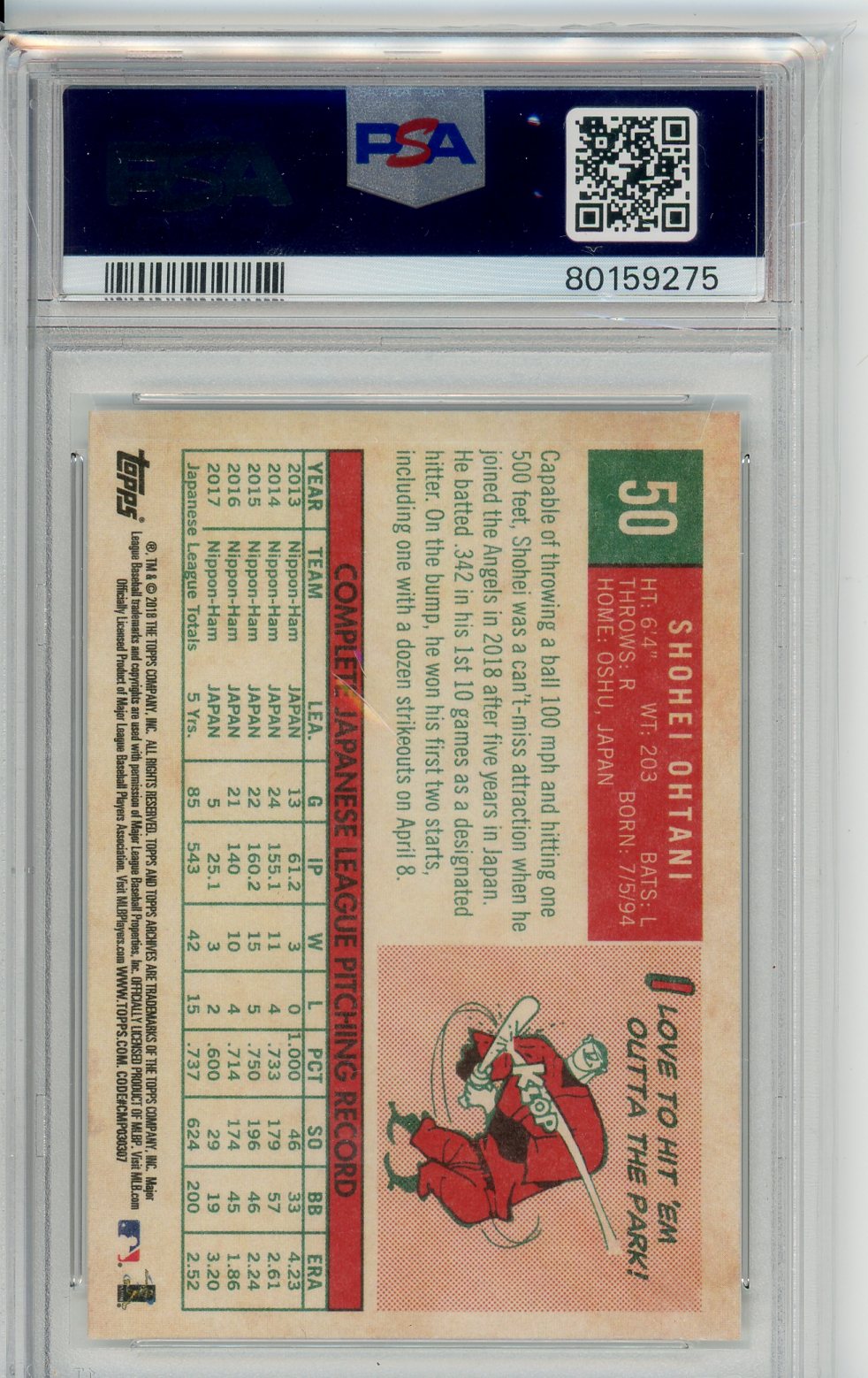 2018 Topps Archives Shohei Ohtani Pitching Stance Card PSA 9