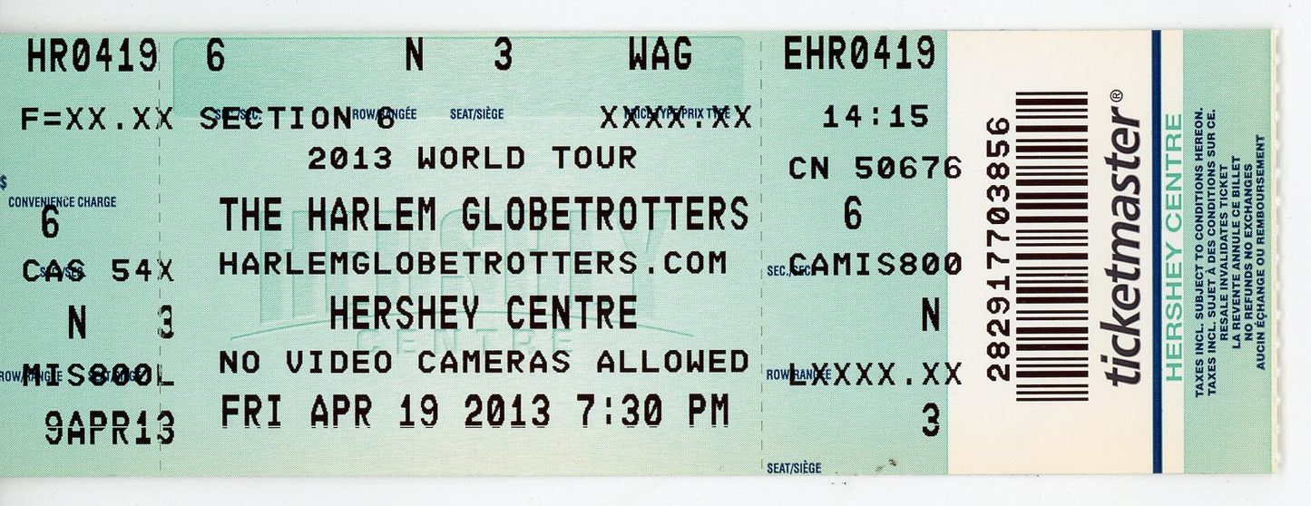 The Harlem Globetrotters Vintage Ticket Stub Hershey Centre (Mississauga, 2013)