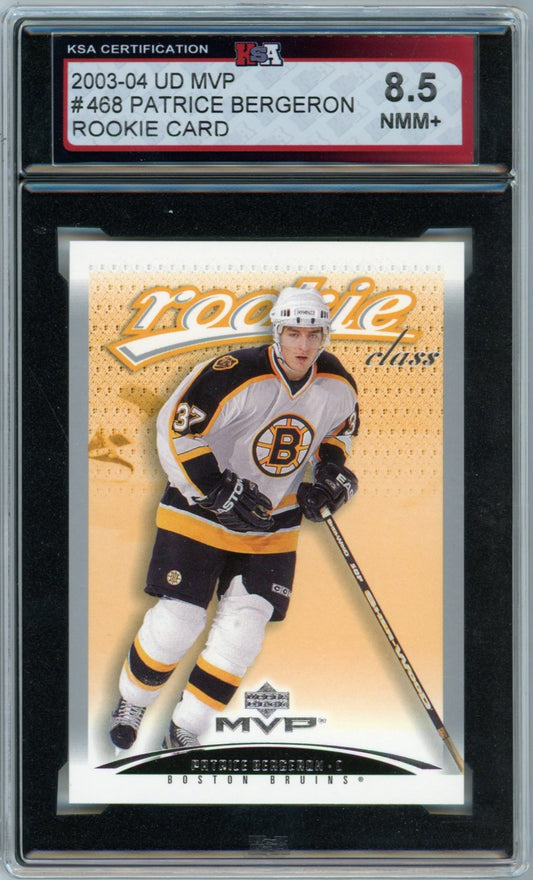 2003/04 Upper Deck MVP Patrice Bergeron Graded Rookie Card #468 KSA 8.5