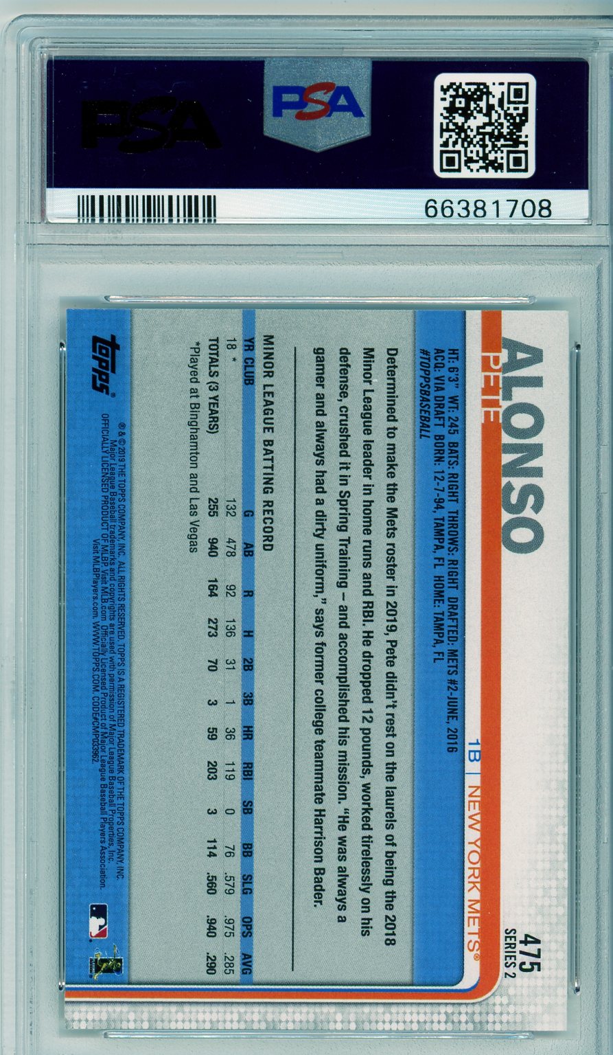 2019 Topps Pete Alonso #475 Graded Rookie Card PSA 9