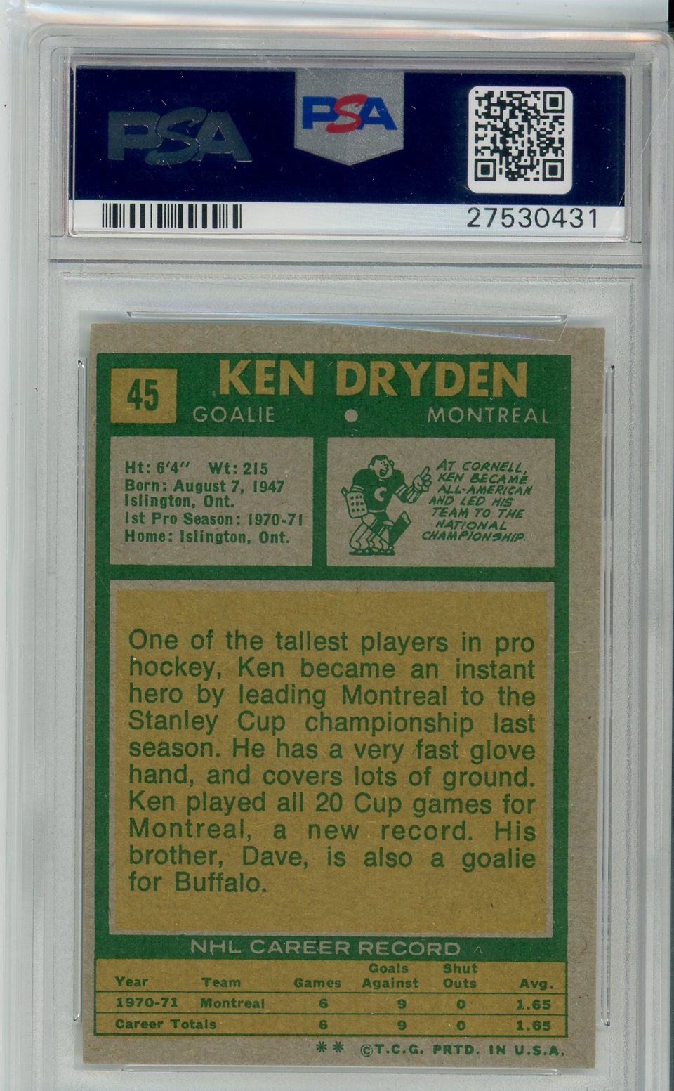 1971 Topps Ken Dryden Graded Rookie Card PSA 8