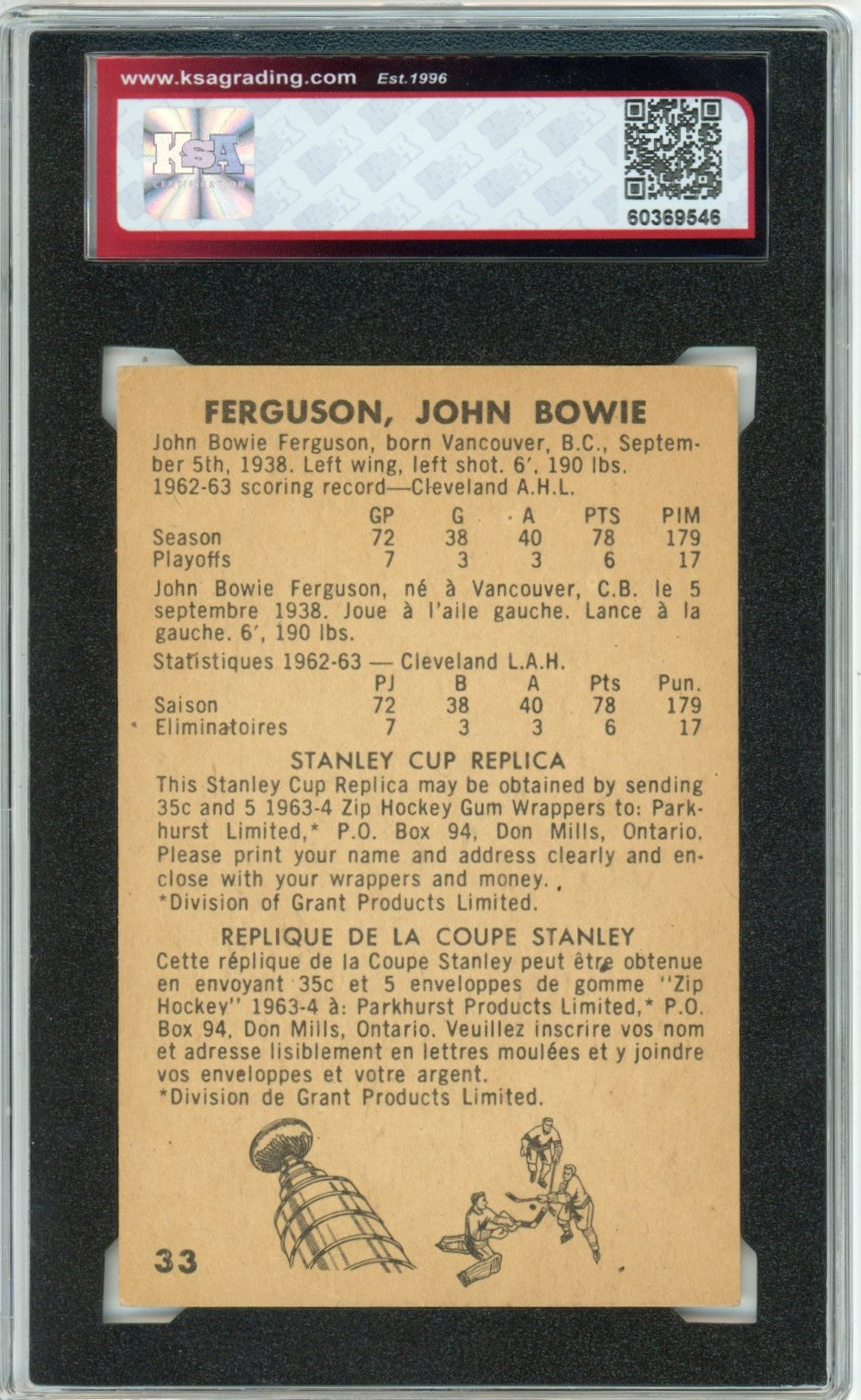 1963/64 Parkhurst John Ferguson Graded Rookie Card #33 KSA 6.5