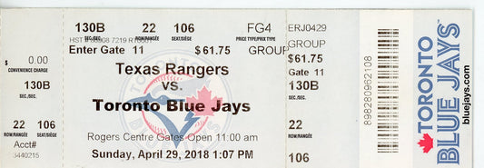 Texas Rangers vs. Toronto Blue Jays Ticket Stub Rogers Centre (Toronto, 2018)