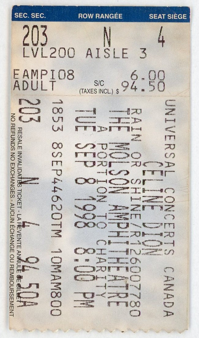 Celine Dion Vintage Concert Ticket Stub Molson Amphitheatre (Toronto, 1998)