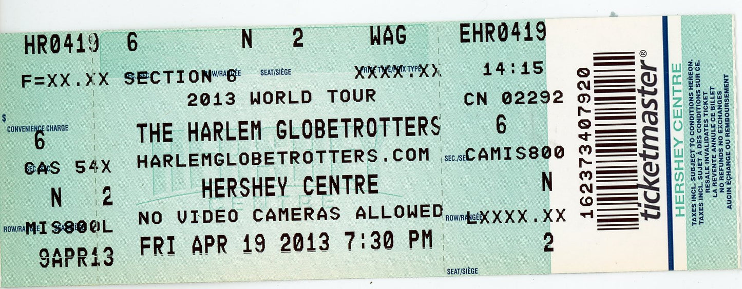Harlem Globetrotters Vintage Ticket Stub Hershey Centre (Mississauga, 2013)
