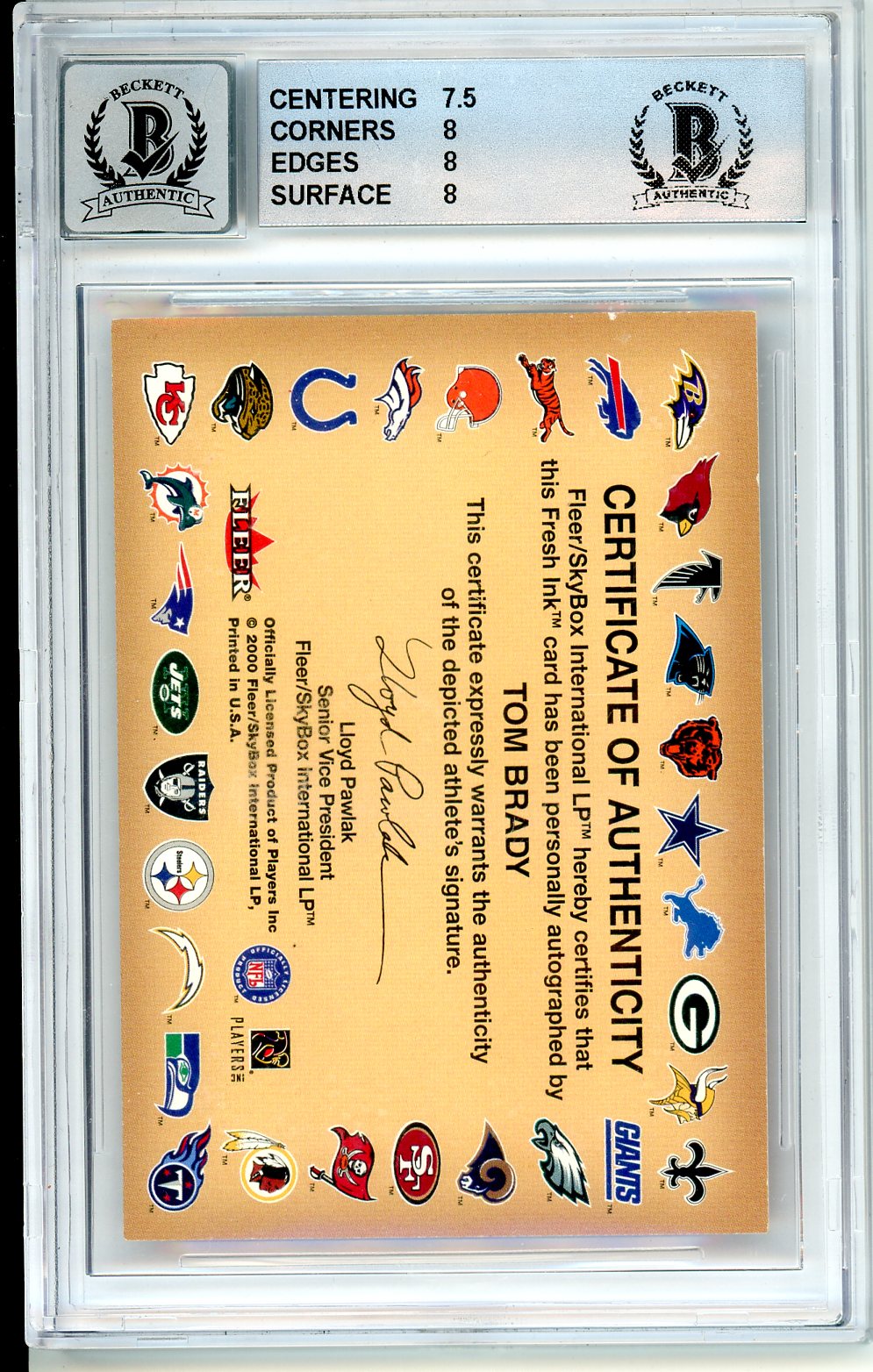 2000 Fleer Tradition Autographics Tom Brady Graded Autograph Rookie Card BGS 8 BAS 9