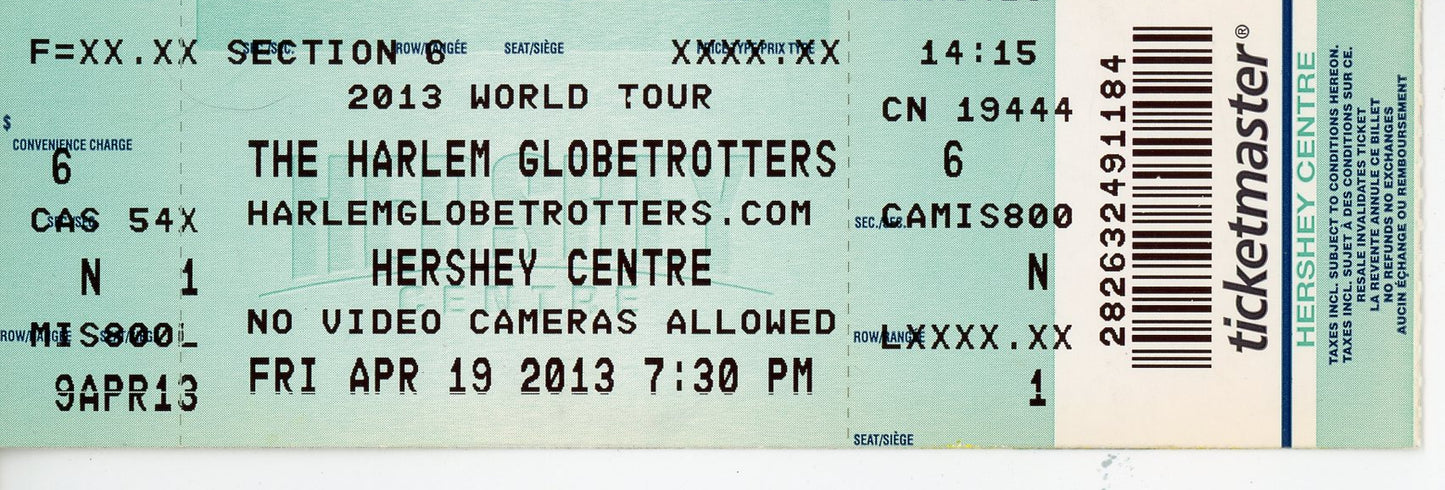 The Harlem Globetrotters Vintage Ticket Hershey Centre (Mississauga, 2013)