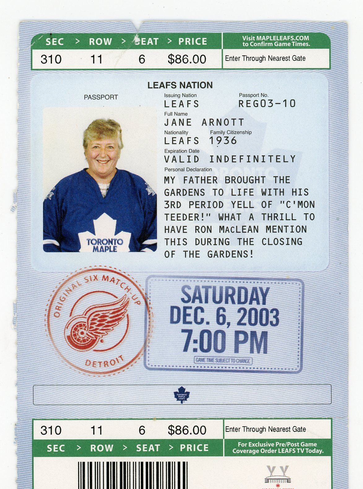 Toronto Maple Leafs vs. Detroit Red Wings Passport Ticket Stub Maple Leaf Gardens (Toronto, 2003)