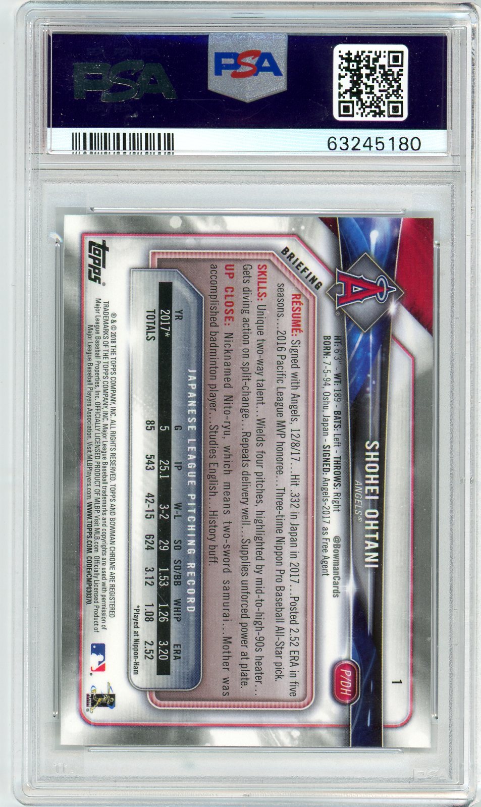 2018 Bowman Chrome Shohei Ohtani Graded Rookie Card #1 PSA 10