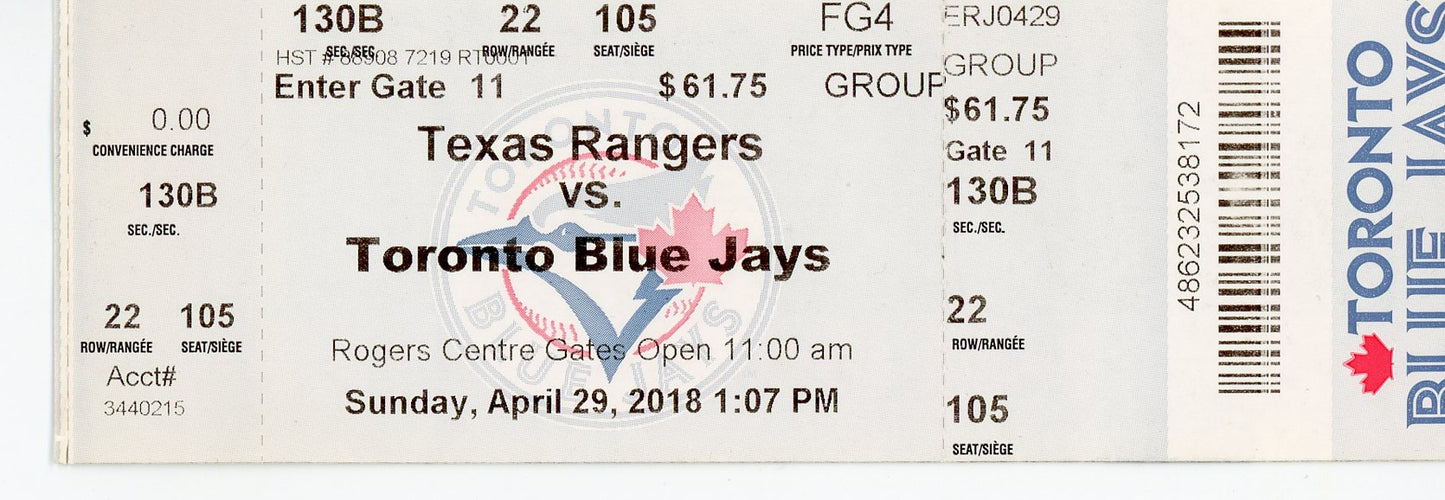 Texas Rangers vs. Toronto Blue Jays Vintage Ticket Stub Rogers Centre (Toronto, 2018)