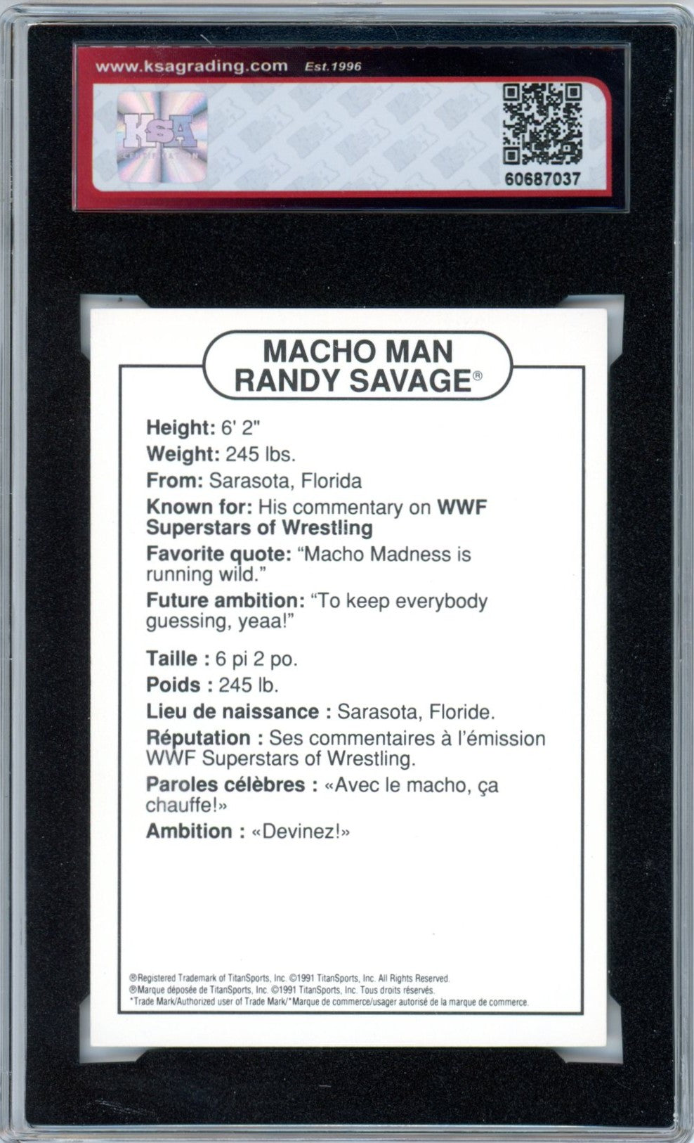 1991 Swanson WWF Macho Man Randy Savage Graded Wrestling Card KSA 7