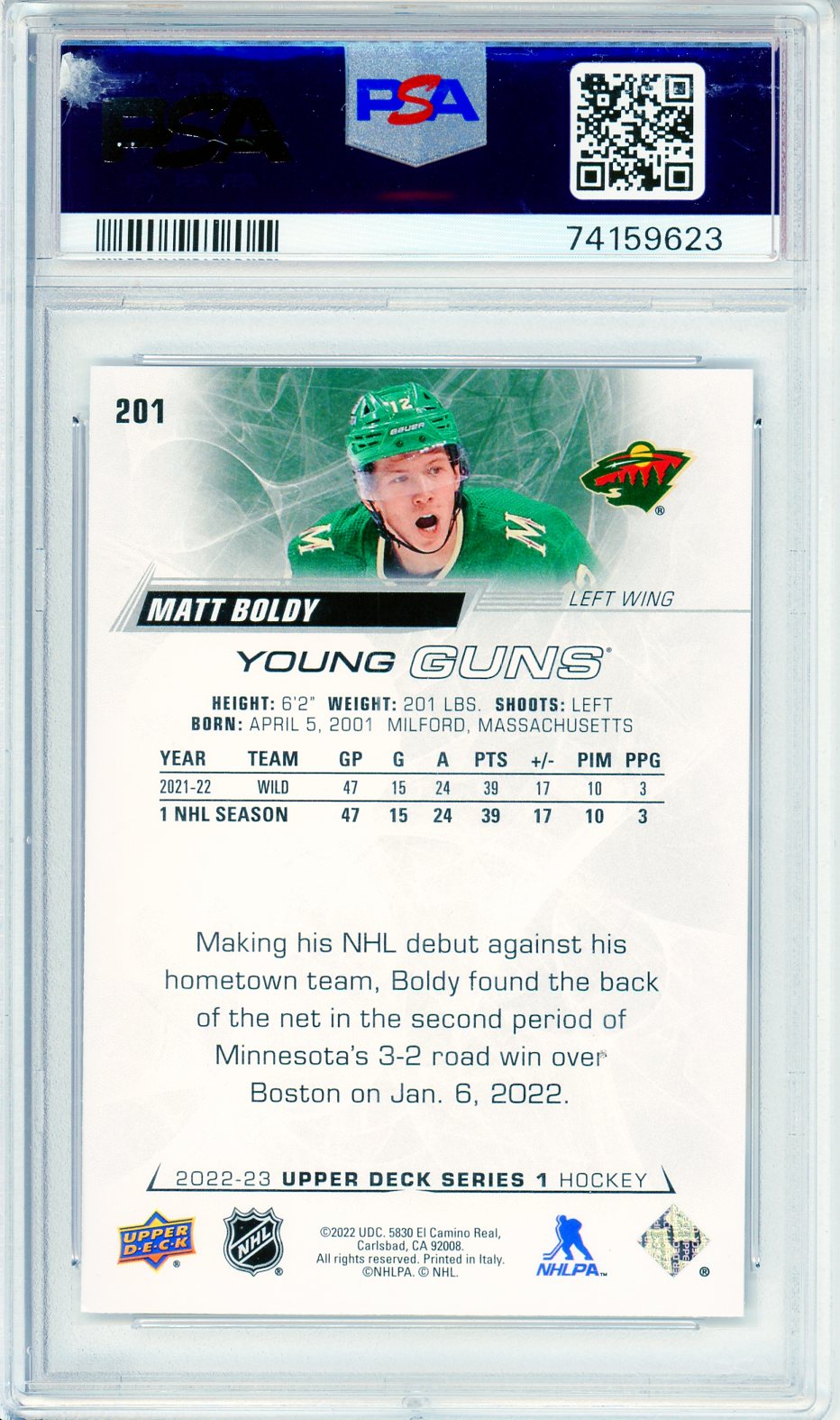 2022 Upper Deck Matt Boldy #201 Graded Rookie Card PSA 8