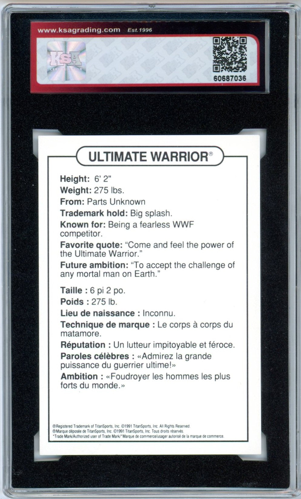 1991 Swanson WWF Ultimate Warrior Graded Wrestling Card KSA 7