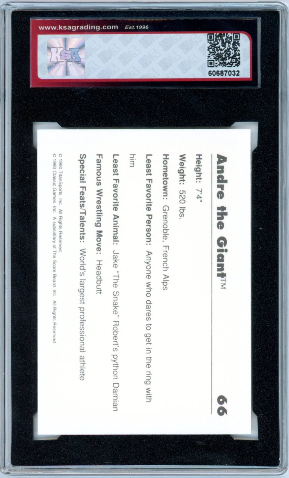 1990 Classic WWF Andre the Giant #66 Graded Wrestling Card KSA 8