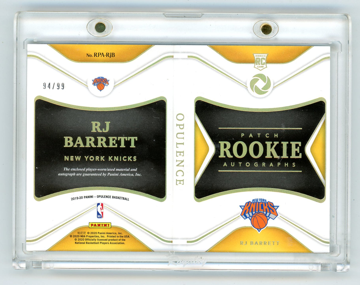 2020 Panini RJ Barrett Rookie Autograph Patch Card 94/99 Game Materials