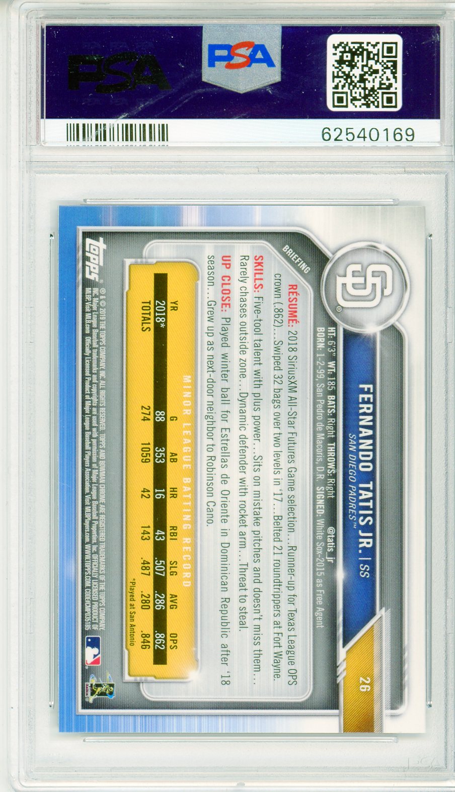 2019 Bowman Chrome Fernando Tatis Jr. #26 Graded Rookie Card PSA 9