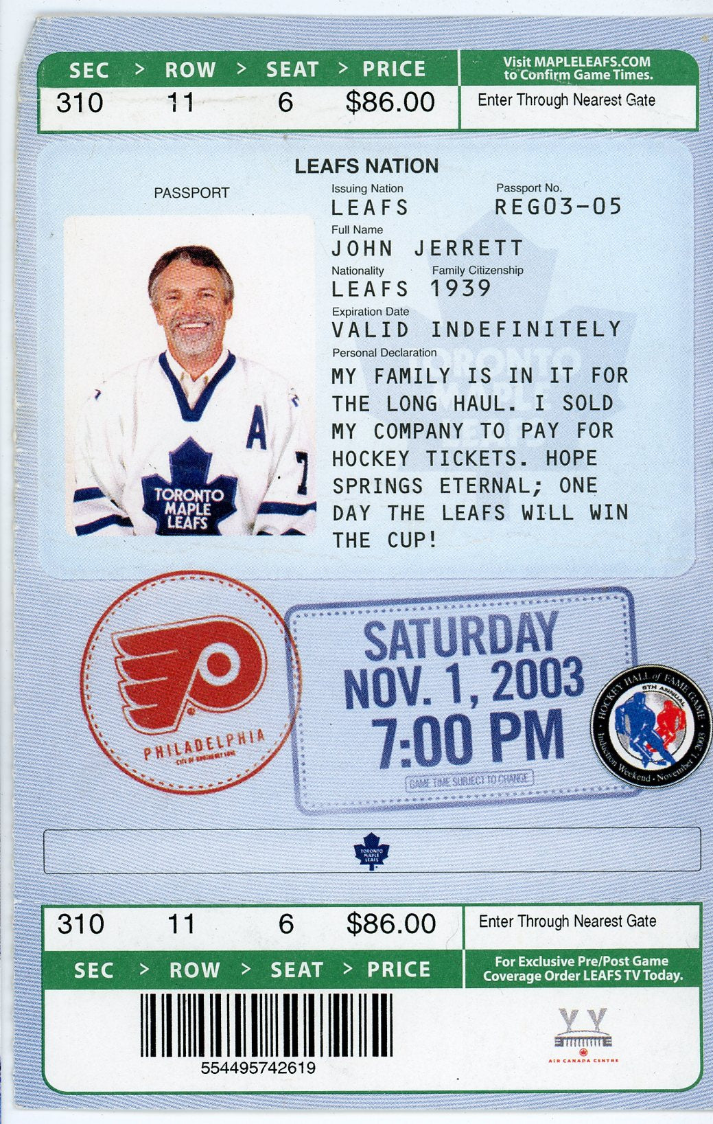 Toronto Maple Leafs vs. Philadelphia Flyers Passport Ticket Stub Maple Leaf Gardens (Toronto, 2003)