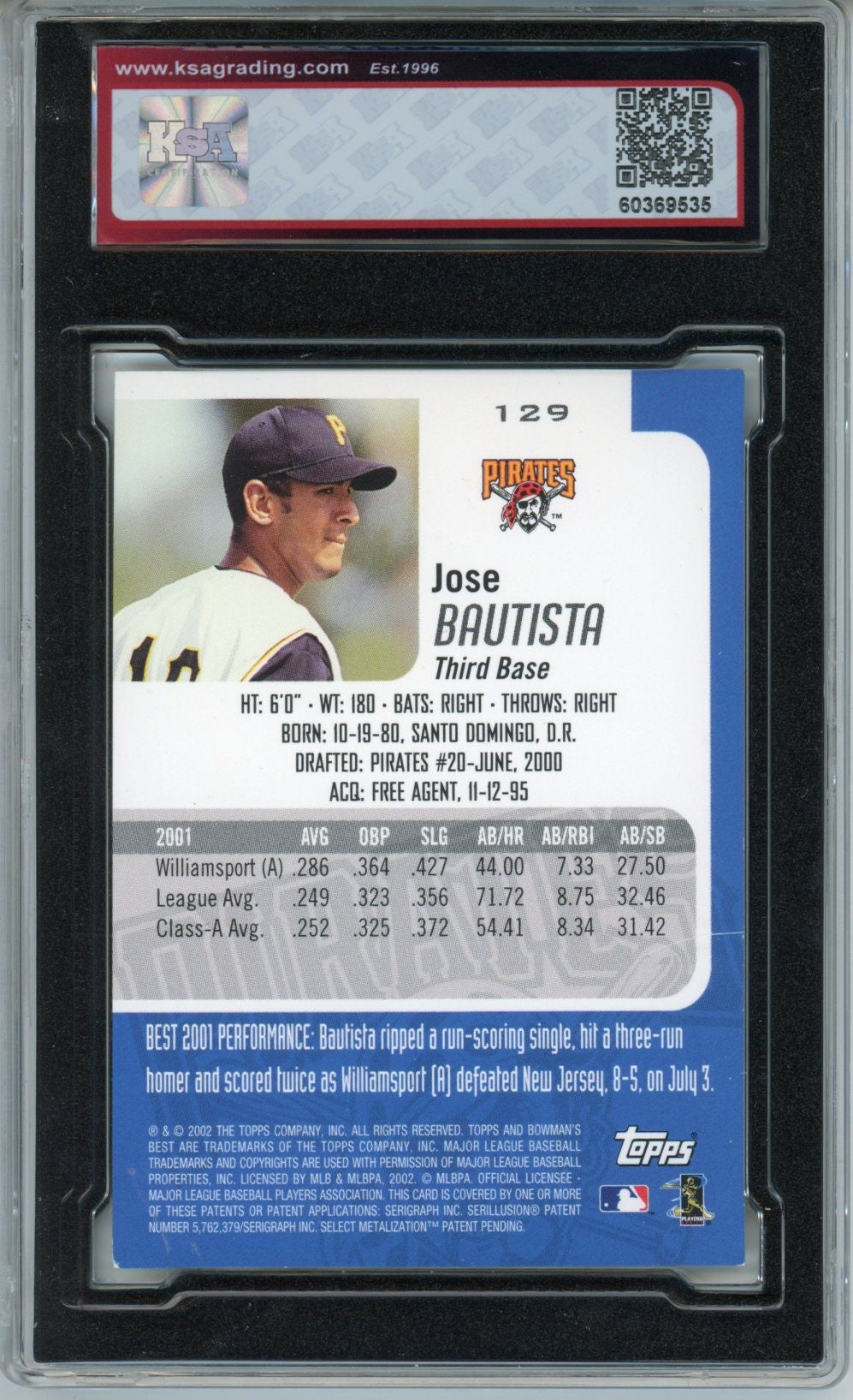 2002 Bowman's Best Jose Bautista Game Used Bat Graded Rookie Card #129 KSA 8