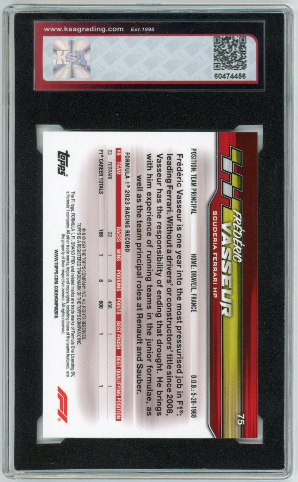 2024 Topps Paddock Pass F1 Formula 1 Frederic Vasseur Chrome Pearl White /25 Graded Card #75 KSA 10