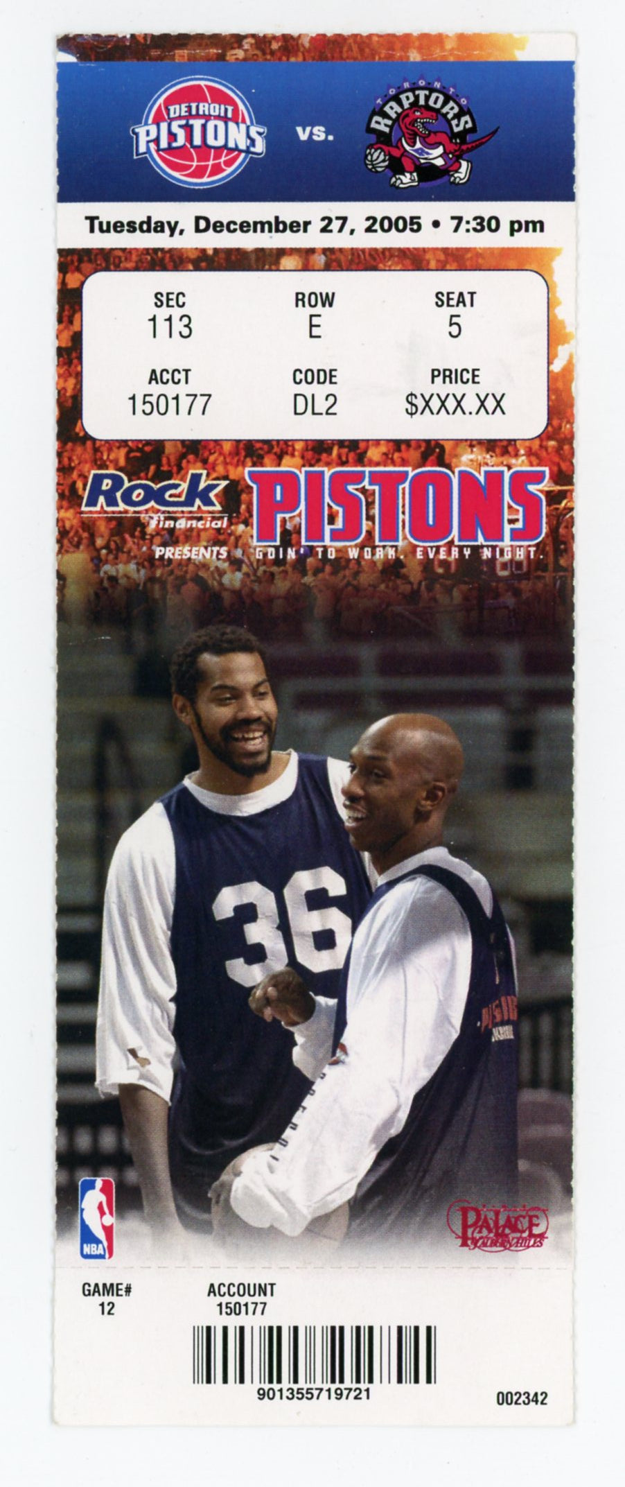 Detroit Pistons vs. Toronto Raptors Vintage Ticket Stub Auburn Hills (Detroit, 2005)