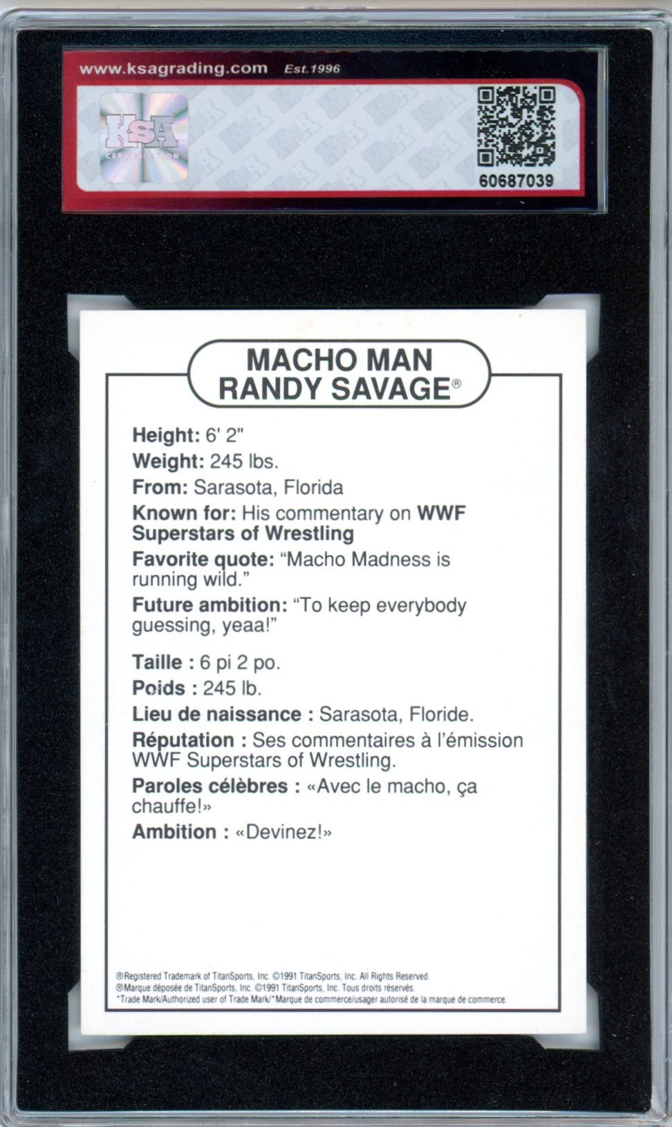 1991 Swanson WWF "Macho Man" Randy Savage Graded Wrestling Card KSA 7
