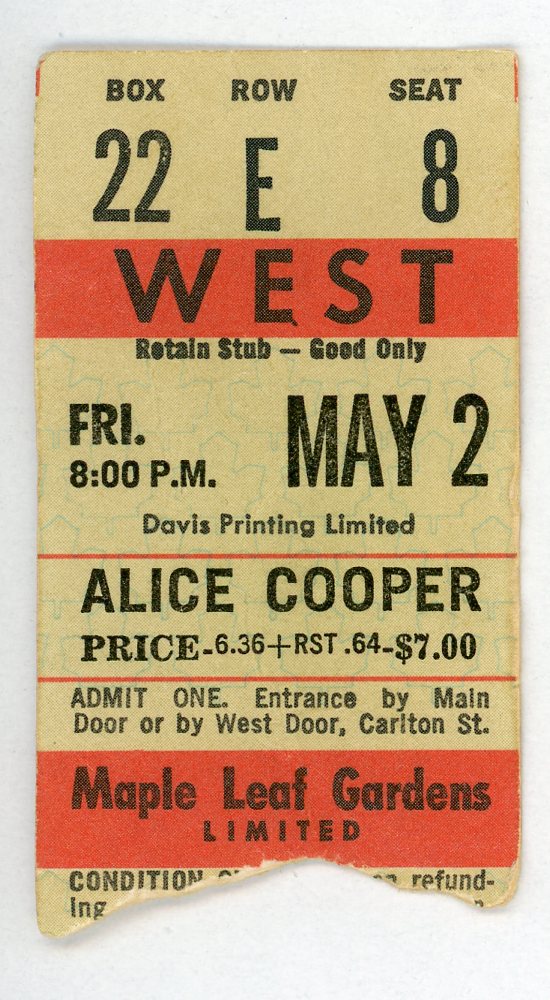 Alice Cooper Vintage Concert Ticket Maple Leaf Gardens (Toronto, 1975)