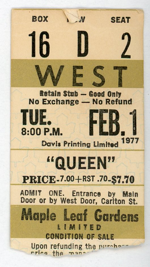 Queen Vintage Concert Ticket Maple Leaf Gardens (Toronto, 1977) Freddy Mercury