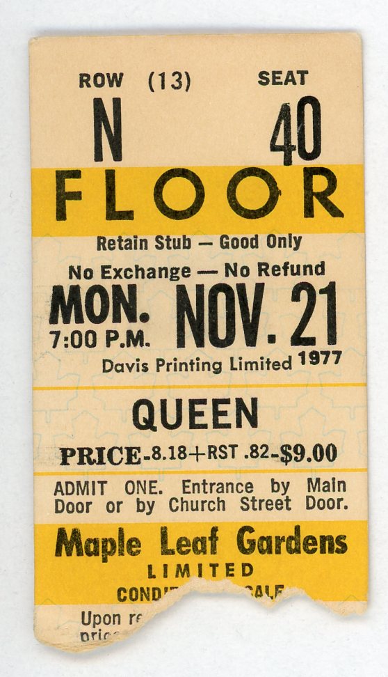 Queen Vintage Concert Ticket Maple Leaf Gardens (Toronto, 1977) Freddy Mercury