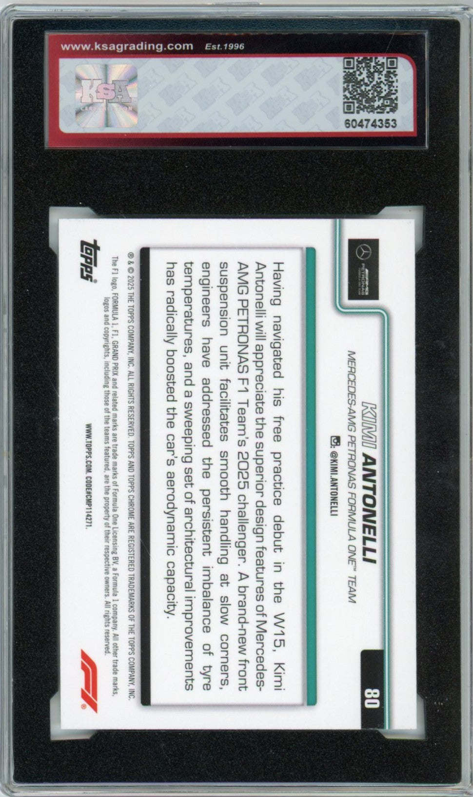 2025 Topps Chrome Formula 1 Kimi Antonelli F1 Car #80 Graded Rookie Card KSA 8.5