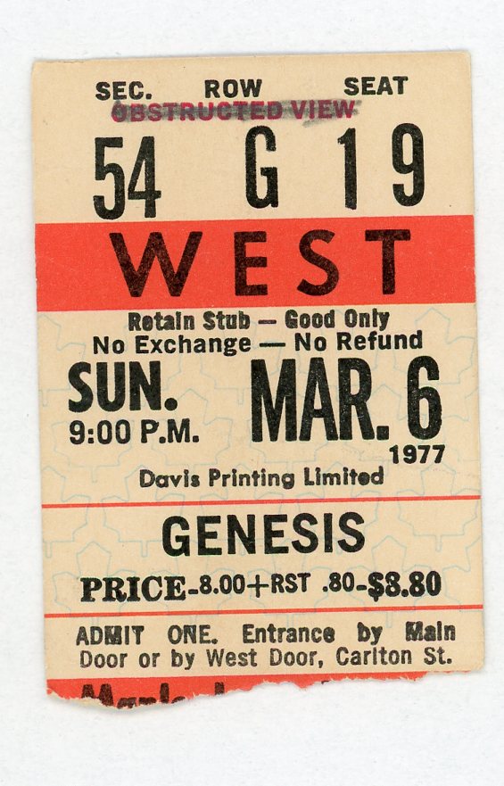 Genesis Vintage Concert Ticket Maple Leaf Gardens (Toronto, 1977)