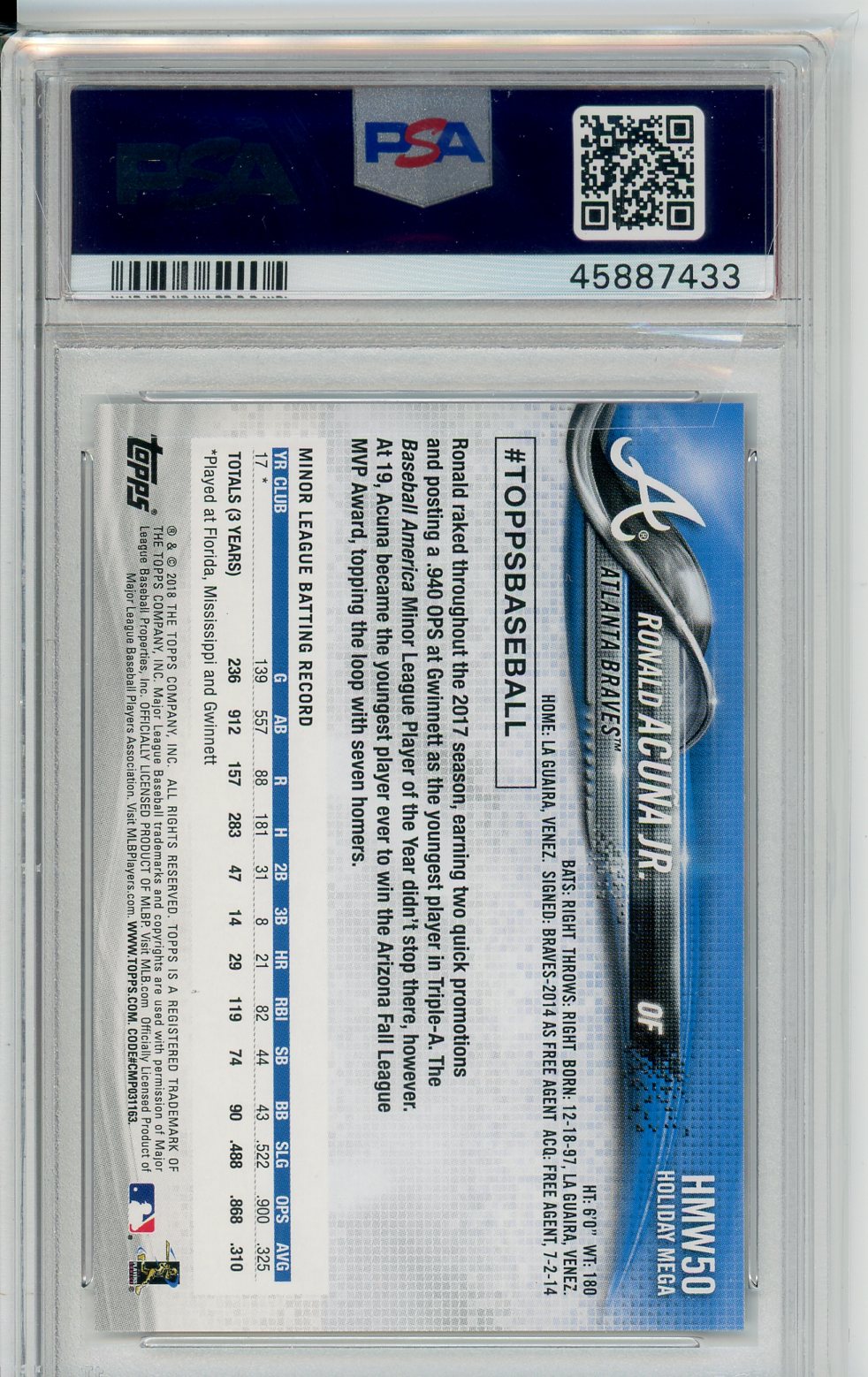 2018 Topps Holiday Ronald Acuna Jr. Graded Rookie Card PSA 10