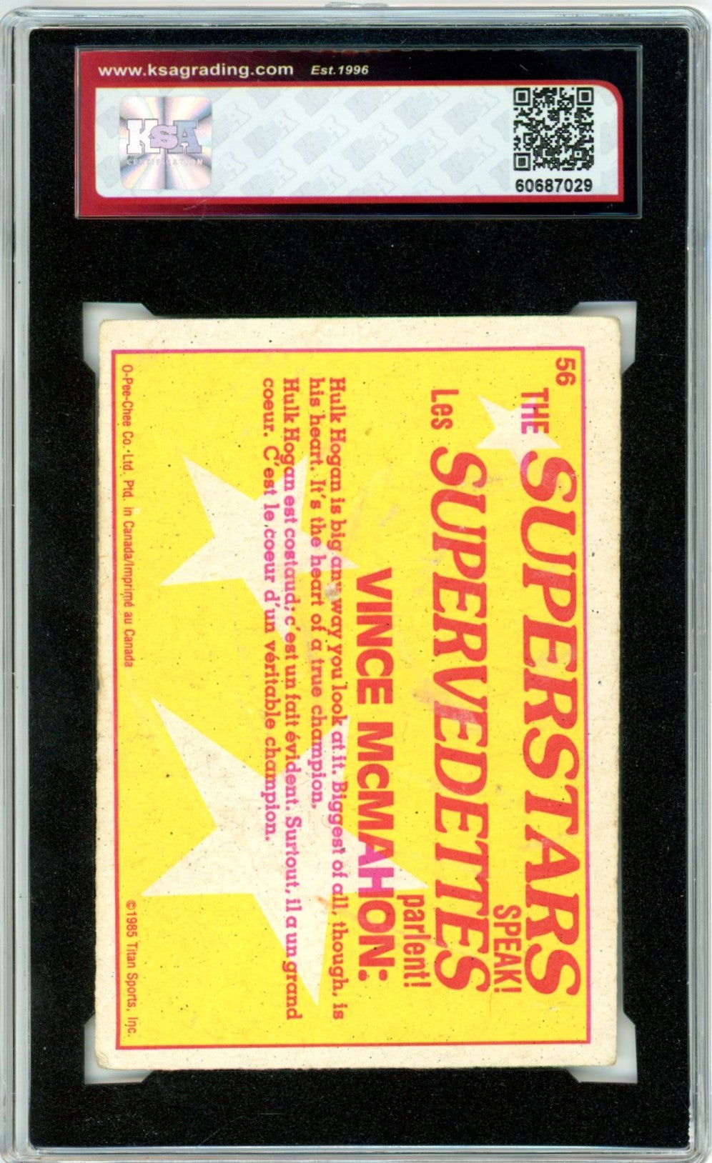 1985 OPC O-Pee-Chee WWF Series 2 Hulk Hogan / Vince McMahon Graded Wrestling Rookie Card #56 KSA 3