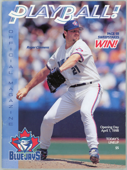 1998 Playball! Official Blue Jays Magazine Issue 1 Roger Clemens Cover