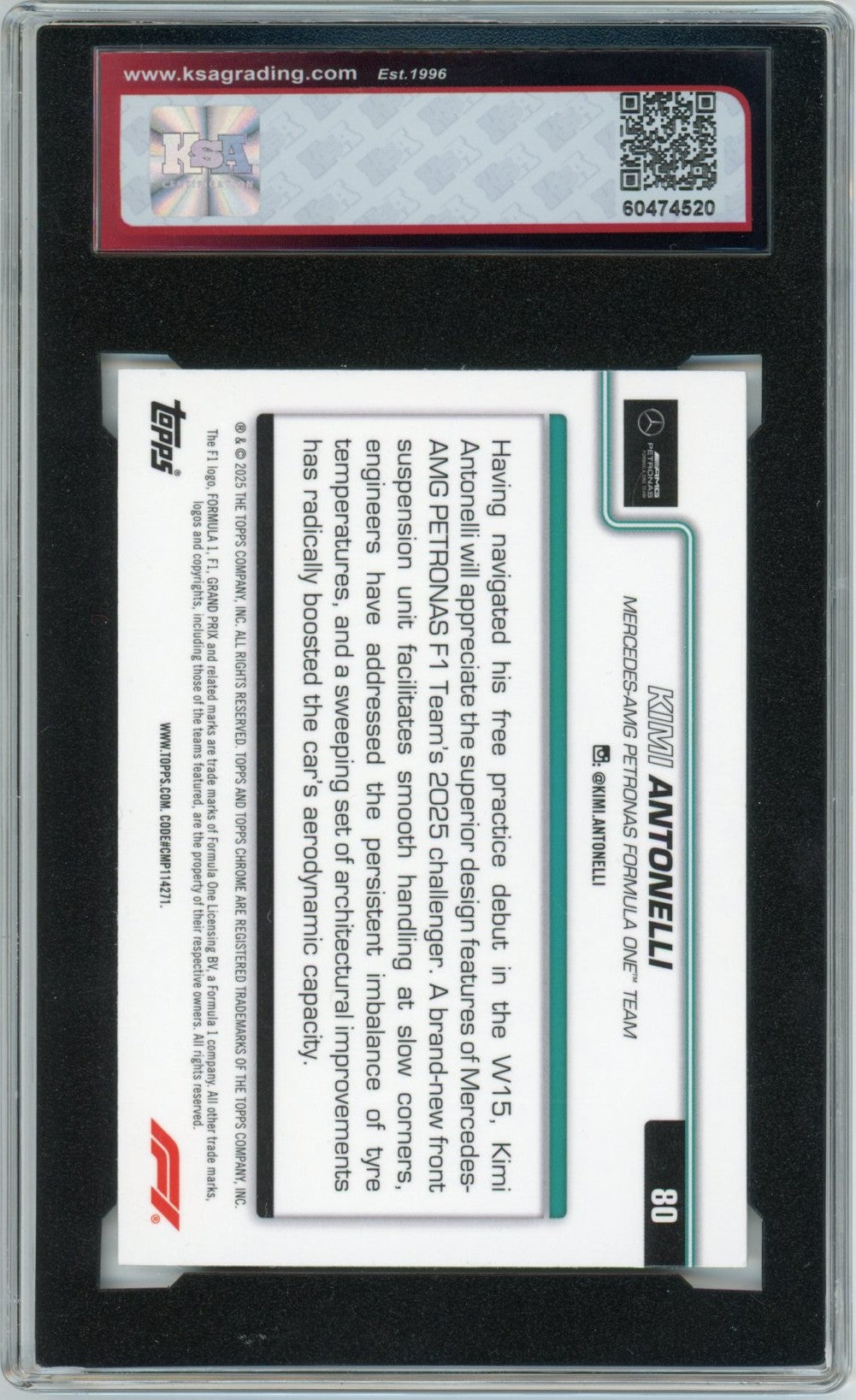 2025 Topps Chrome Formula 1 Kimi Antonelli F1 Car Graded Rookie Card KSA 8.5