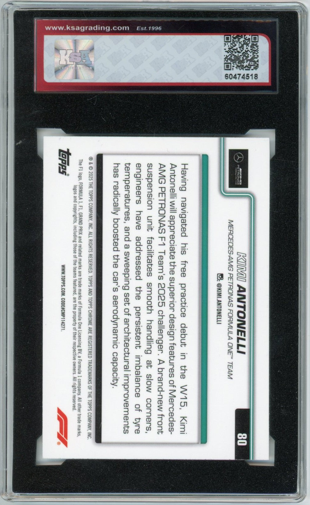 2025 Topps Chrome Formula 1 Kimi Antonelli #80 F1 Car Graded Rookie Card KSA 8.5
