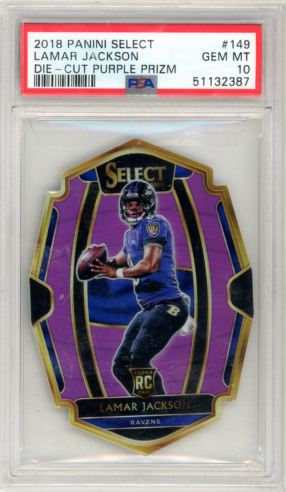 2018 Panini Select Lamar Jackson Graded Rookie Card #149 Die-Cut Purple Prizm PSA 10