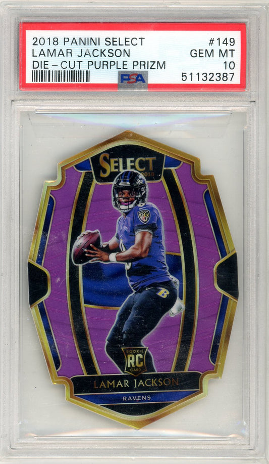 2018 Panini Select Lamar Jackson Graded Rookie Card #149 Die-Cut Purple Prizm PSA 10