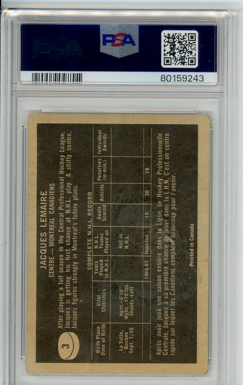 1967 Topps Jacques Lemaire Graded Rookie Card PSA 1