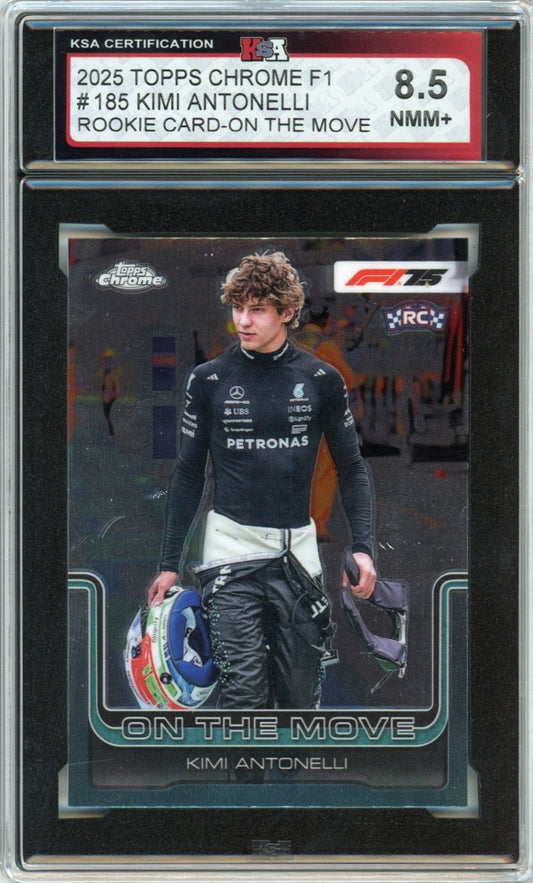 2025 Topps Chrome F1 Formula 1 Kimi Antonelli On the Move #185 Graded Rookie Card KSA 8.5