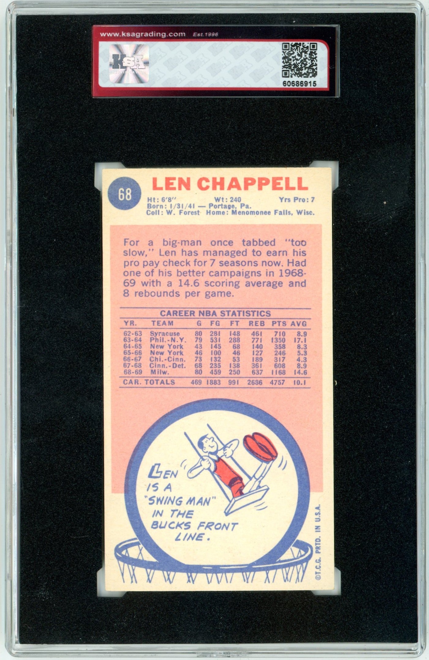 1969/70 Topps Len Chappell #68 Graded Basketball Rookie KSA 5