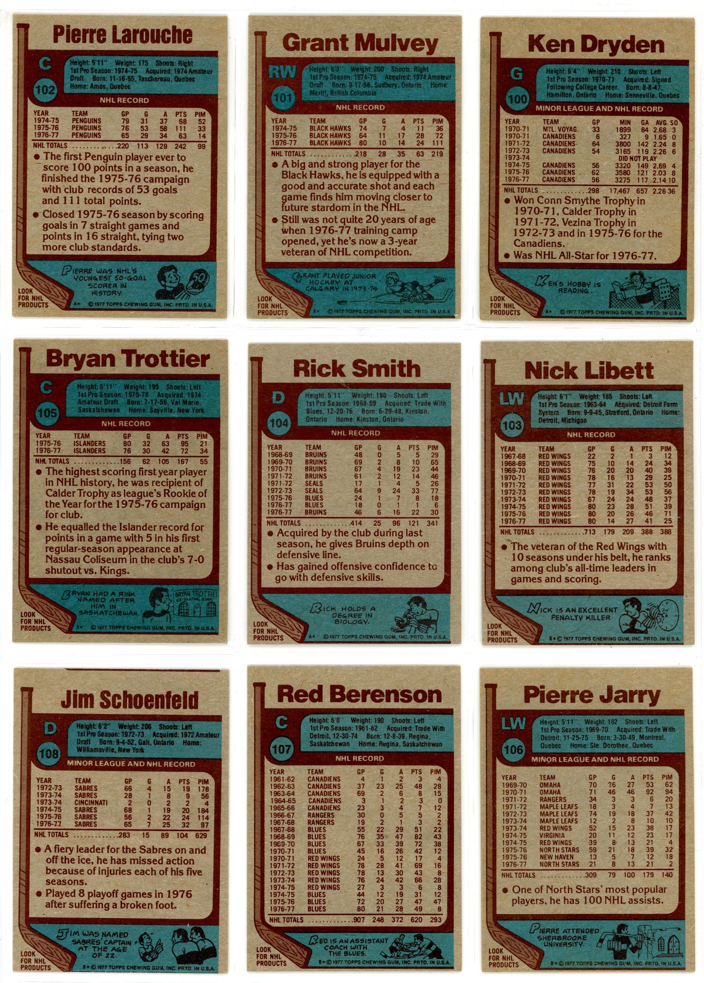 1977/78 Topps NHL Hockey Complete Set (264 Cards)