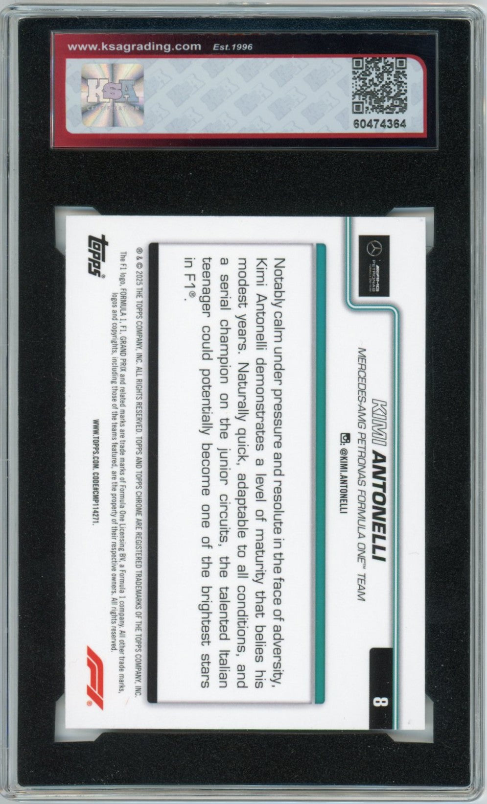 2025 Topps Chrome F1 Formula 1 Kimi Antonelli #8 Graded Rookie Card KSA 8.5