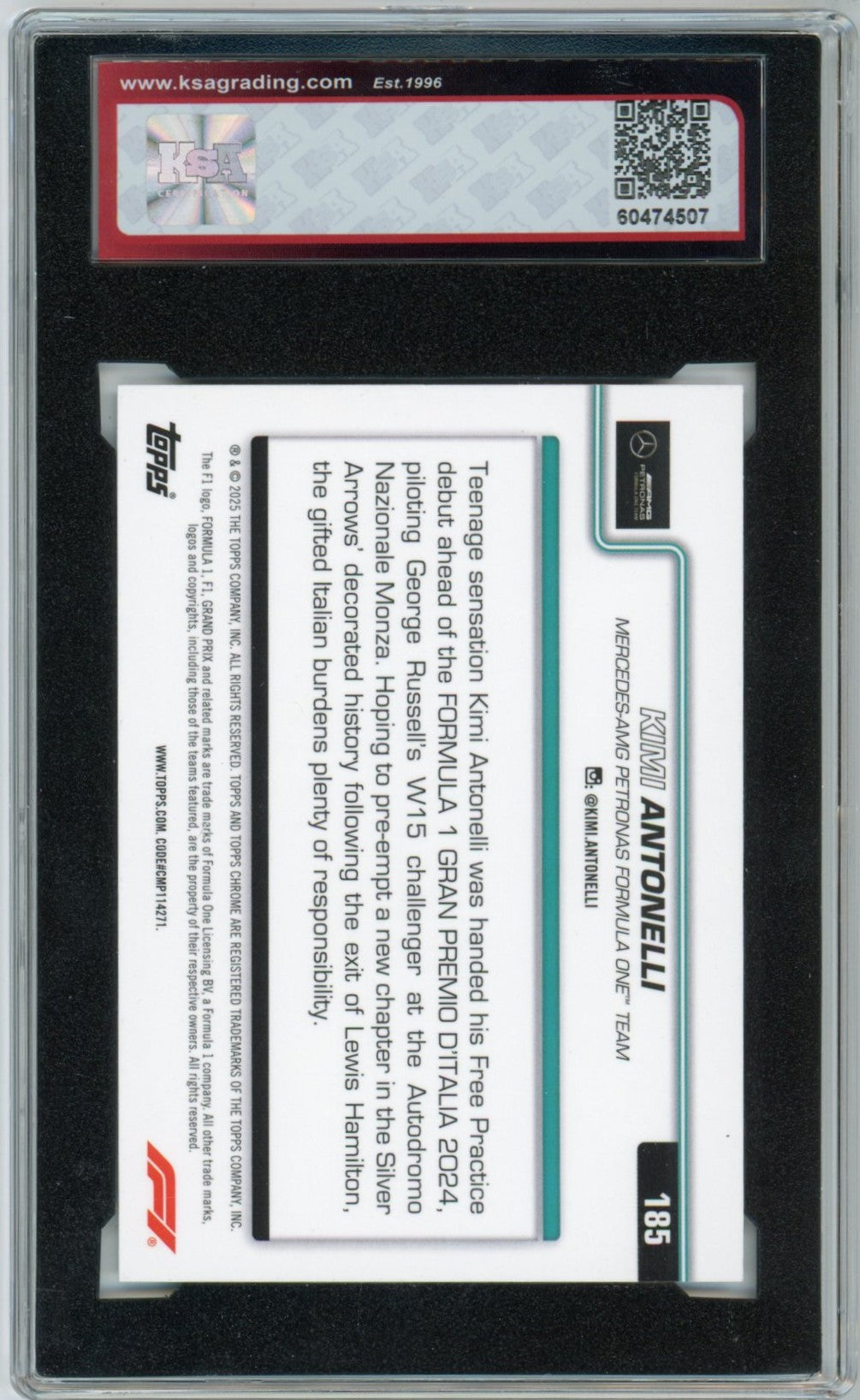 2025 Topps Chrome F1 Formula 1 Kimi Antonelli On the Move #185 Graded Rookie Card KSA 8.5